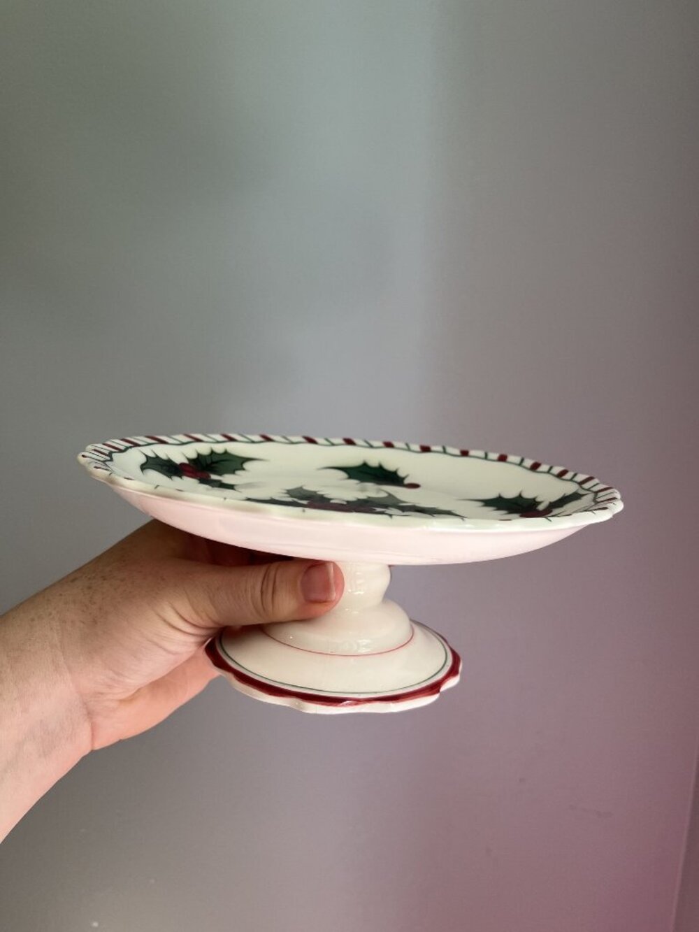 Lefton Holly Candy Cane Pedestal Cake Stand Candy Dish 8" Christmas Vintage